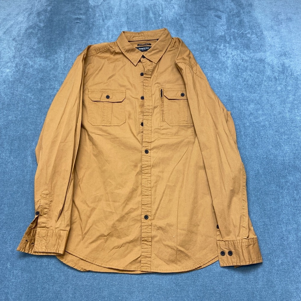Kenneth Cole Shirt Mens XL Tan Long Sleeve Chest Pocket Slim Fit Button Up